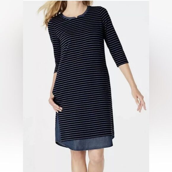 J.Jill Dress Mixed Media Shirttail  Striped Womens Size 1X  Blue Denim Pockets - Picture 1 of 15